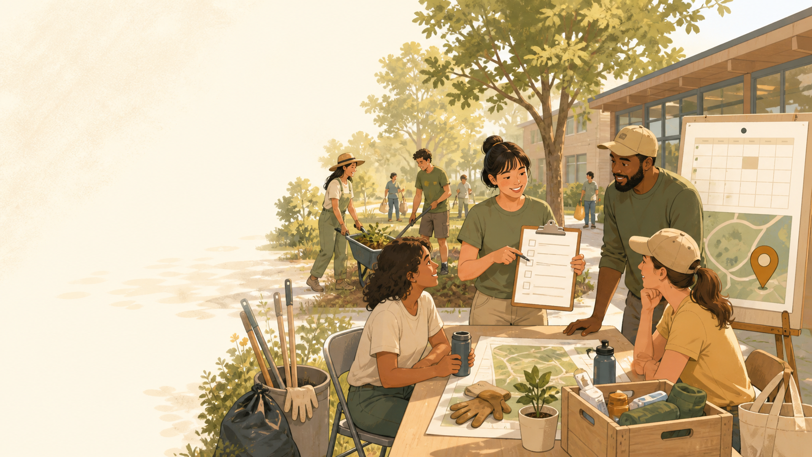 Volunteers organizing a neighborhood event and reviewing its plan together.